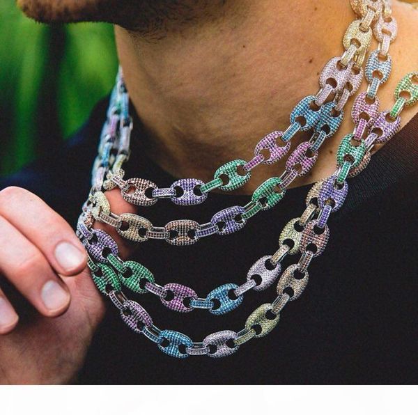 

2019 12mm men's hip-hop coloured zircon solid necklace micro-inlaid five-colour rainbow man button chain jewelry 18inch,22inch, Silver