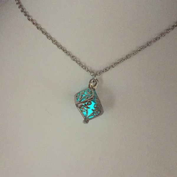 

hollow-out square life tree pearl pendant love cube luminous p box necklace, Silver