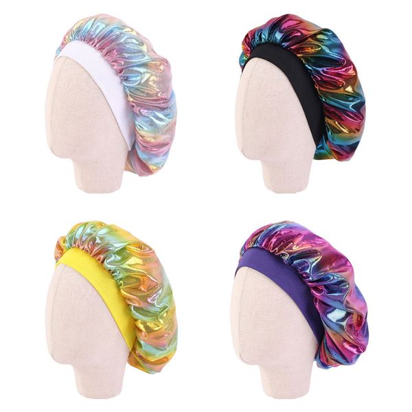 

laser bonnet night sleep cap for children kids satin wide elastic bath turban chemo hat girl boy hair care fashion accessories, Yellow