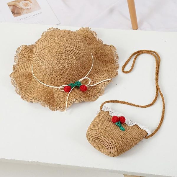 

new children's sun baby straw parent-child bag lace female set cherry straw lace hat fashion hat meit7, Blue;gray