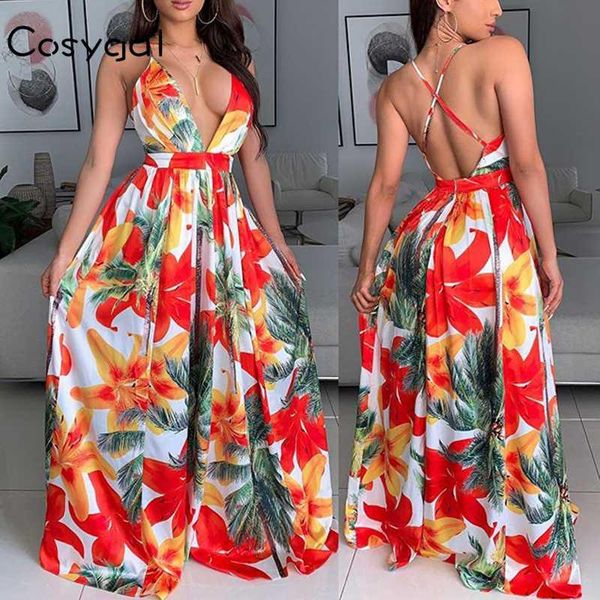 

cosygal backless maxi long dress spaghetti strap vintage women v neck floral print sleeveless party vestidos, Black;gray
