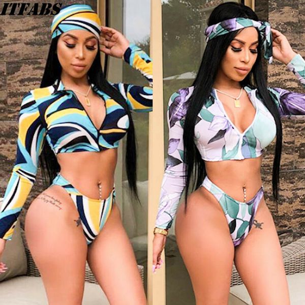 

new women's long sleeve floral print zip up bikini set summer beach swimsuit 3pcs female flower bikini sets swimwear