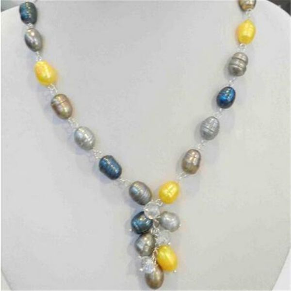 

10-11mm naturel tahitien mult-color collier de perles 18 "cristal & perle pendentif, Silver