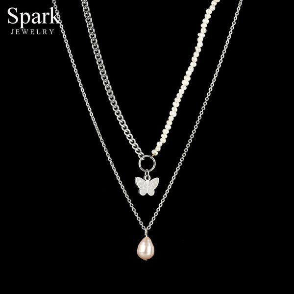 

spark exquisite pearl butterfly pendant necklace double-layer stainless steel chain necklaces collar for women girls party gift, Silver