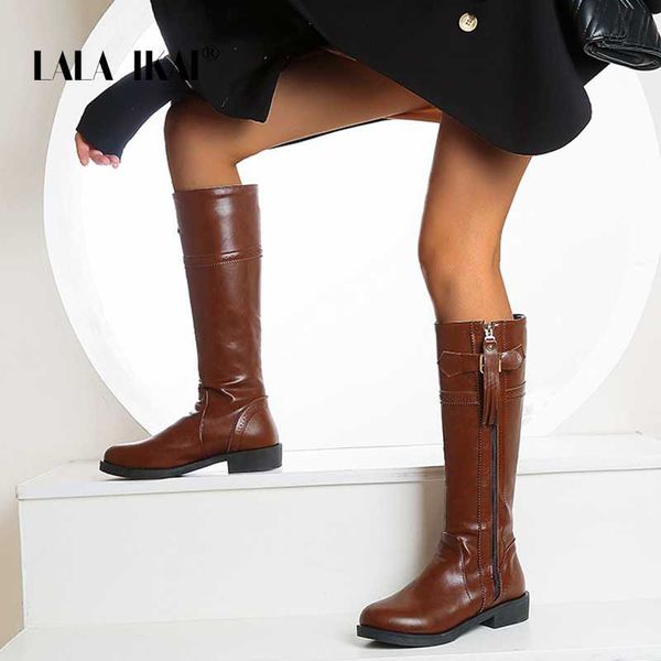 

lala ikai women knee boots long retro belt buckle boot zip 2020 fashion motorcycle riding boots female autumn winter xwa38399-4, Black