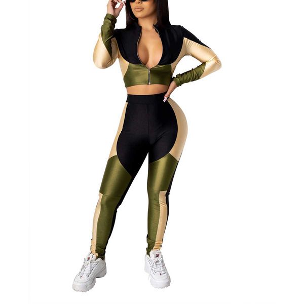 

gym clothing women sport clothes set black green gold splicing stand-collar long-sleeves crop + elastic high-waist pants sportswear, White;black