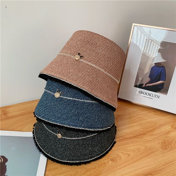 

straw hat summer beach sun shade hat women luxury designer cloche bucket hats sun protection frayed caps with rhinestones band, Blue;gray