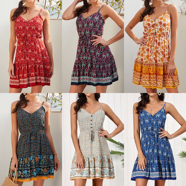 

bohemian party mini dress summer women v-neck sleeveless short dresses high waist print a-line dress backless vestidos, Black;gray