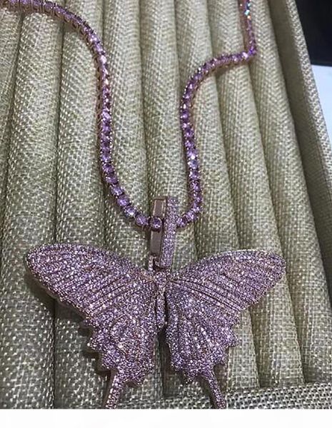 

подвеска бабочка 14k iced out ожерелья мужские цепи розовый подвески алмазный бабочка ожерелье рэппер singer ювелирные изделия, Silver
