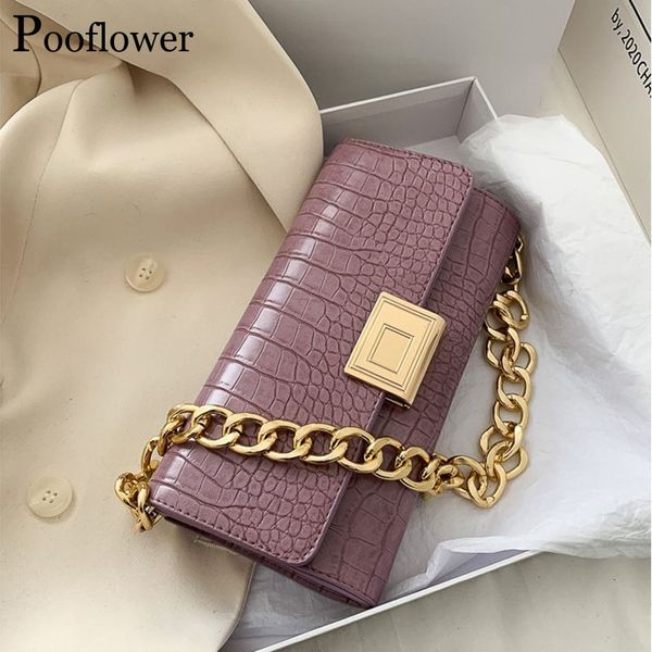 

pooflower fashion mini chain bags vintage alligator pu leather baguette bag womens new shoulder bags designer hand bag zh127