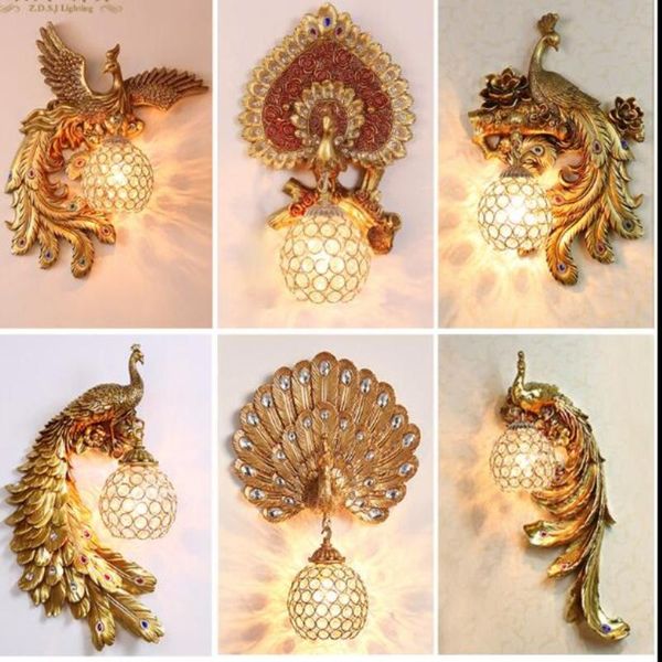 

european peacock wall lamp living room aisle stairs bedroom bedside lamp crystal lamps