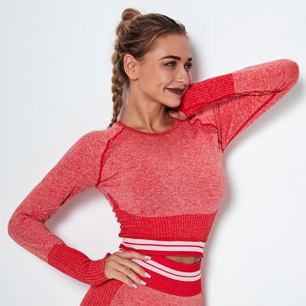 

women seamless long sleeve yoga t shirts cropped fitness gym shirt hollow mesh sports striped knitted t shirts, White;red