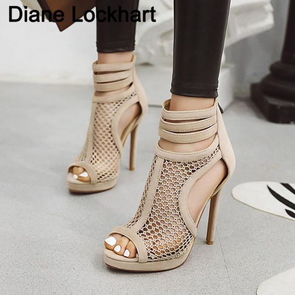 

women sandals hollow air mesh shoes thin high heels chain design slip on party pumps fashion sandals lace elegant shoes, Black