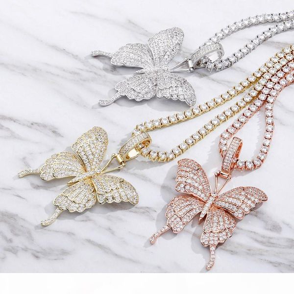 

trendy mens women necklace jewelry gold plated ice out bling cz butterfly pendant necklace with 24inch rope chain for men women, Silver