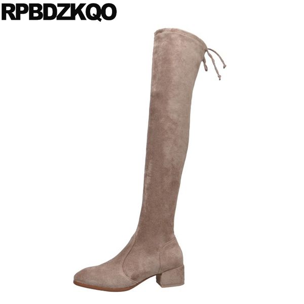 

lace up long over the knee tall suede slim thigh women boots fashion high heel autumn thick 2020 winter chunky square toe shoes, Black
