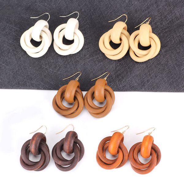 

8seasons fashion jewelry ear hook earring for women wood round bohemia geometric white brown orange color, 1 pair, Silver