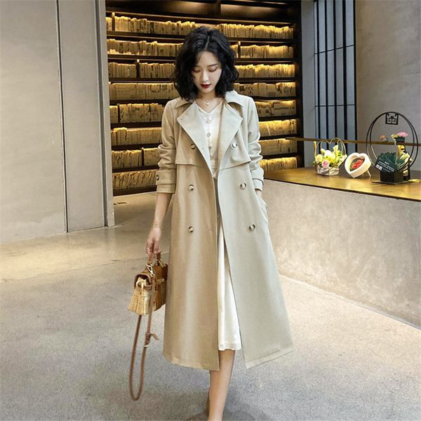 

spring long trench coat women casual double-breasted lace up overcoat women 2020 temperament slim thin windbreaker outwear g203, Tan;black