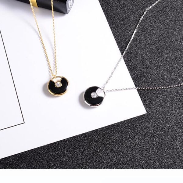 

korean version of the single drill lucky charm necklace black onyx pendant small round female short paragraph clavicle chain 18k color gold, Silver