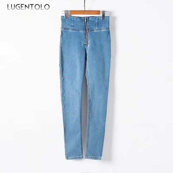 

lugentolo jeans woman skinny high waist zipper washed cotton summer fashion streetwear street style womens jeans, Blue