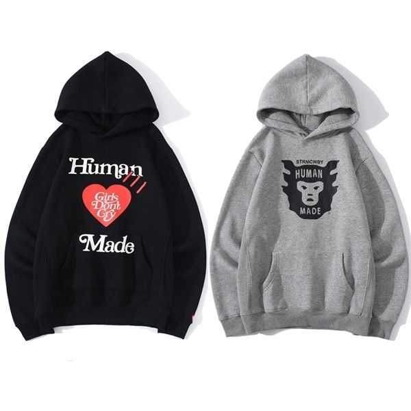 

human made fleece hoodies harajuku hip hop graphic oversized sweatshirt women men clothing streetwear long sleeve winter clothes, Black