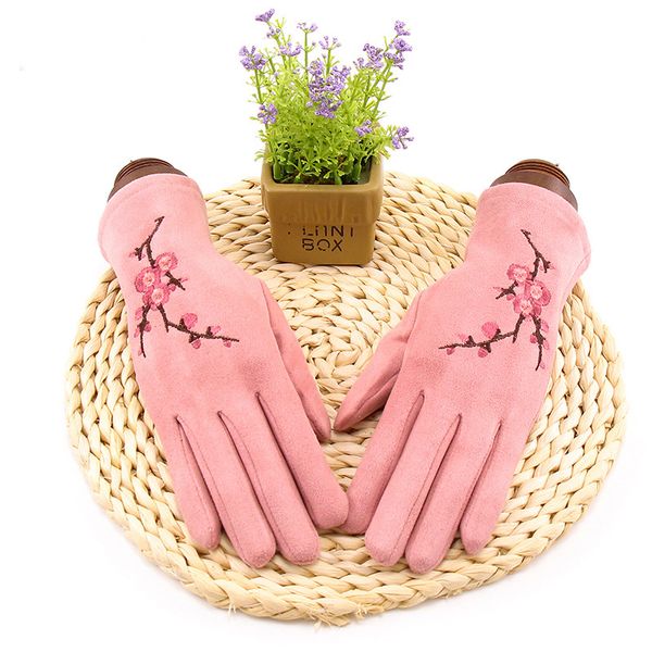 

winter women plus velvet inside touch screen gloves plum embroidery keep warm female elegant windproof soft gloves, Blue;gray