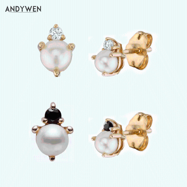 

andywen 925 sterling silver mini pearl stud earring women diy jewelry clear cz crystal earrings wedding statements gift, Golden;silver