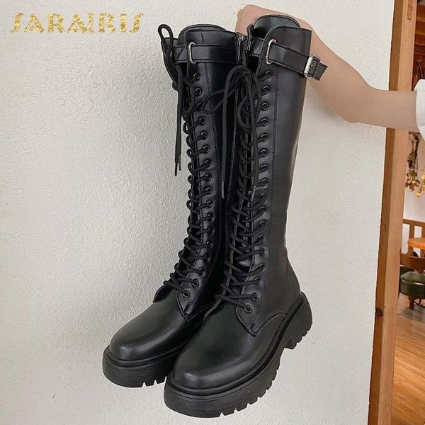 

sarairis new fashion 2020 motorcycles boots women shoes platform zipper comfortable square heels cross-tied knee high boots, Black