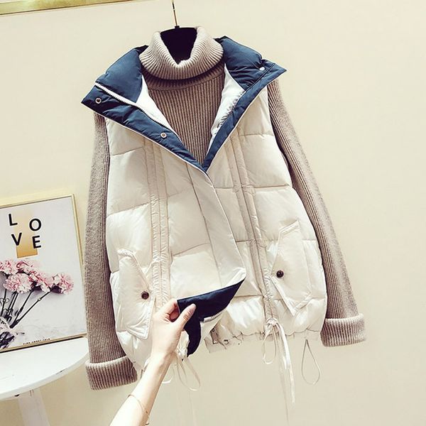 

2020 fashion down cotton vest female casual loose sleeveless warm waistcoat woman jacket oversized mujer chaqueta winter vest, Black;white