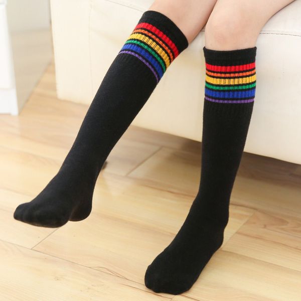 

socks & hosiery 1pair rainbow colorful classic striped children long stockings for girls cotton over knee high leg warm, Black;white