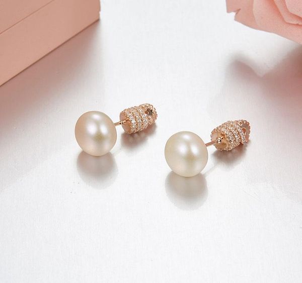 

sljely 925 sterling silver 3 gold colors micro inlay cubic zirconia pearl stud earrings for women fashion luxury002, Golden;silver