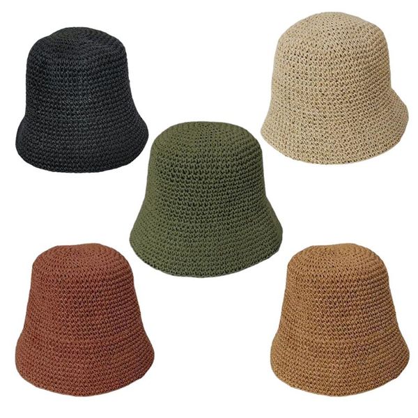 

women summer crochet straw bucket hat sun protection dome foldable fisherman cap f3mf, Blue;gray
