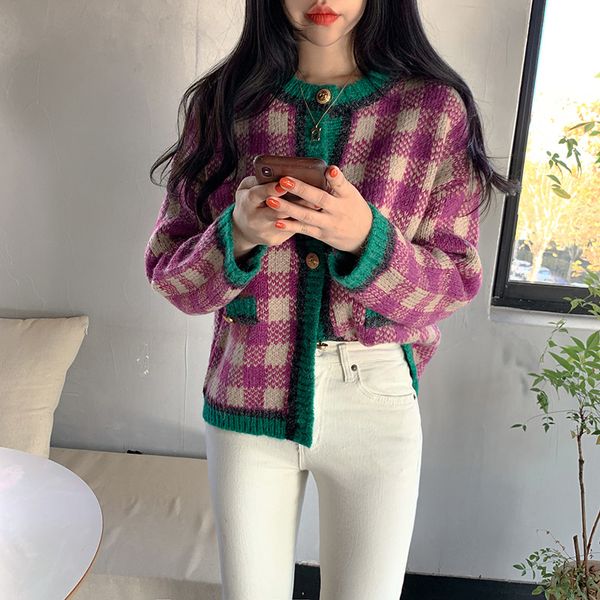 

women's knits & tees jxmyy 2021 korean spring knitted sweaters lady vintage plaid knit cardigan female fashion sweater coat for women c, White