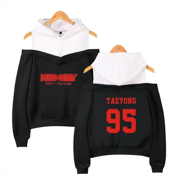 

nct 127 kpop off shoulder hoodies women fashion long sleeve hooded sweatshirts casual trendy streetwear clothes, Black