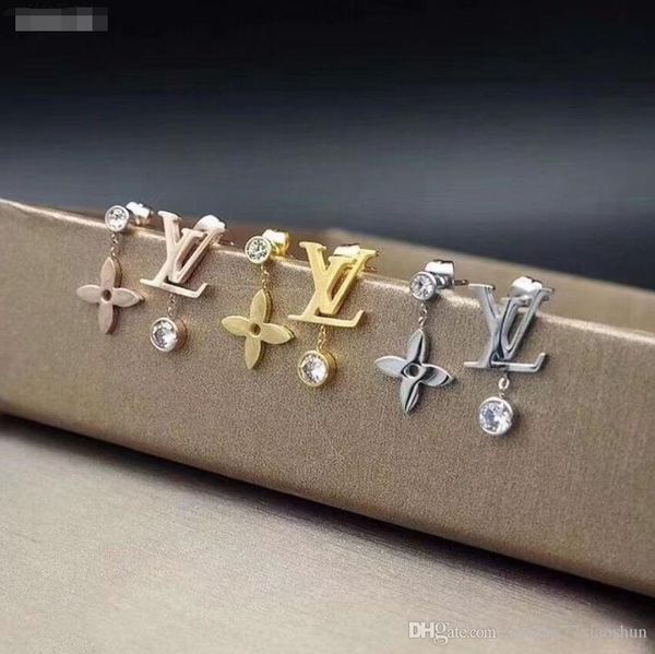 

fashion design letter stainless steel earings diamond earrings for women white zircon earrings three color jewelry, Golden;silver