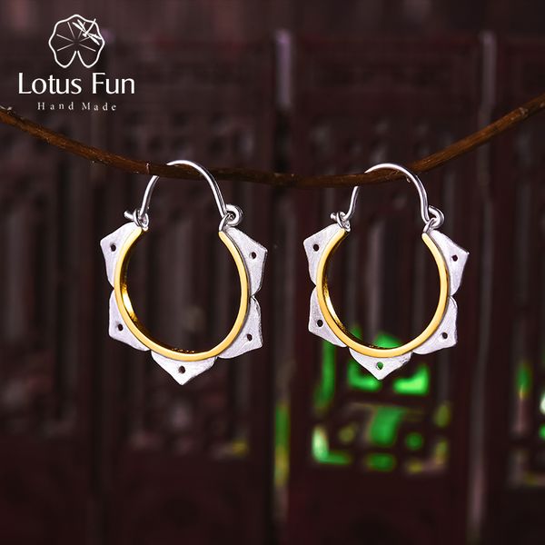 

lotus fun real 925 sterling silver natural creative handmade fine jewelry minimalist lotus flower hoop earrings for women 200924, Golden;silver