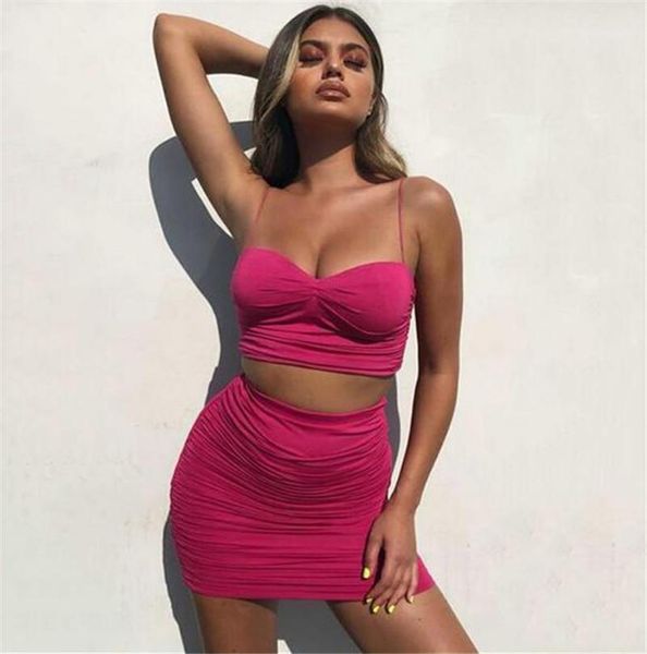 

fashion vest skirt soild color set slim spaghetti strap womend two piece dress clothing folds, White