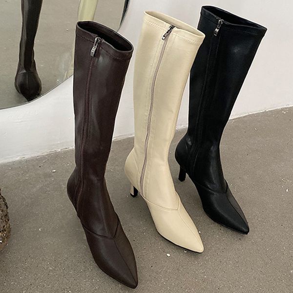 

trending women 2020 new pointed toe mid-calf boots pencil high heels beige boots brown soft leather zippers ladies shoes, Black