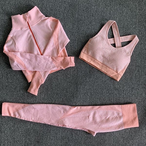 

yoga outfits suits high waist tight pants seamless 3pcs suit female leggings push up sport bra running fitness sports set women's, White;red