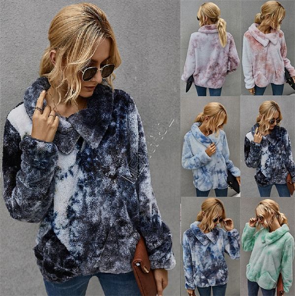 

women tie-dyed woolen sweater sherpa fleece hoodies coat winter warm plush furry pullover jacket half zipper blouses outwear d91712, White