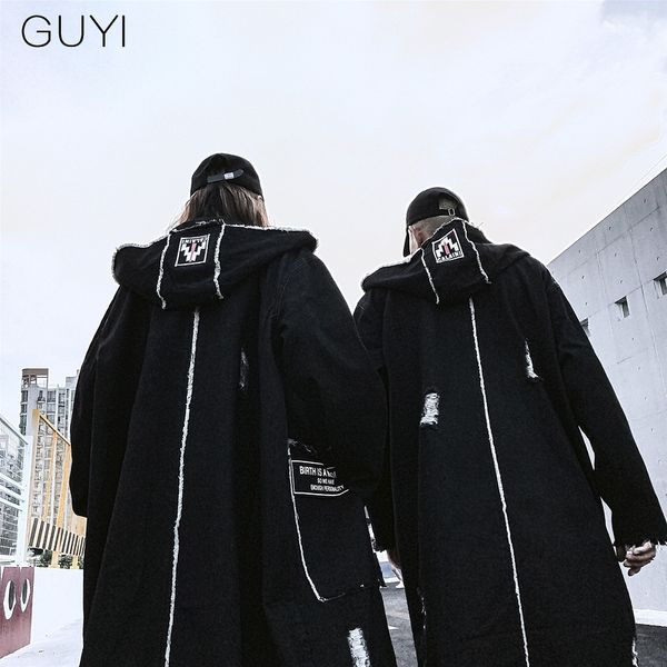 

hip hop hole hooded long trench jackets coats men edge cloak male capes gothic punk steampunk overcoat print denim full guyi, Tan;black