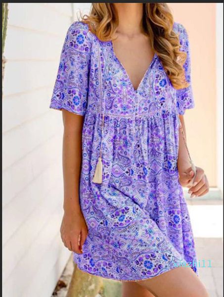 

2020 popular casual fashion summer bohemian print short sleeve dress, Black;gray