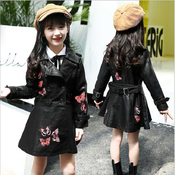 

autumn children's jacket dress print long leather jacket girls kid's clothes coat for girls windproof baby leather jackets, Blue;gray