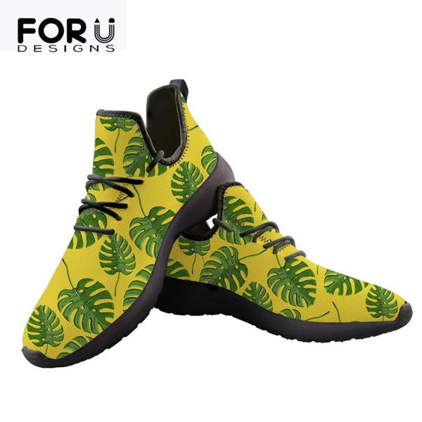 

forudesigns summer air mesh tropical monstera pattern casual women flats shoes ladies lace up knitting sneakers sapato feminino, Black