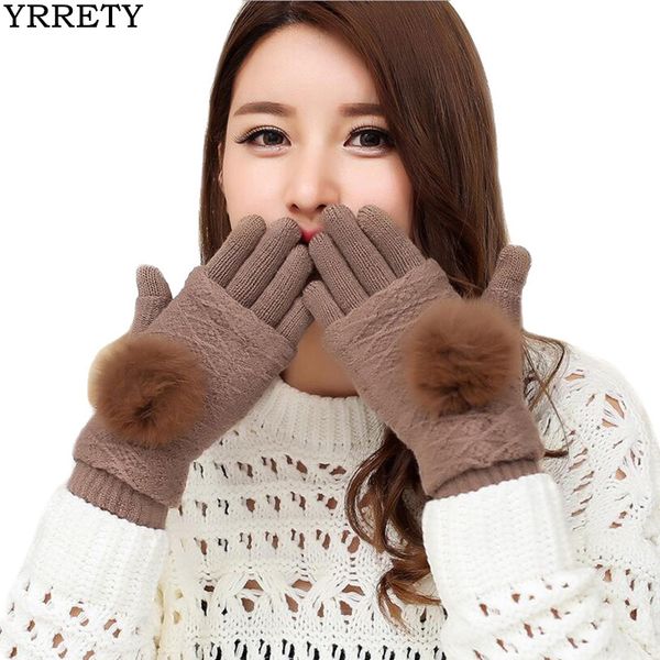 

five fingers gloves yrrety 2021 womens detachable dual layer winter warm pompoms fur ball fingerless glove touchscreen mittens knit, Blue;gray
