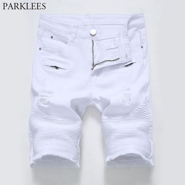 

2020 summer men's white ripped biker jeans shorts casual pleated zipper stretch denim shorts male knee length jeans homme, White;black