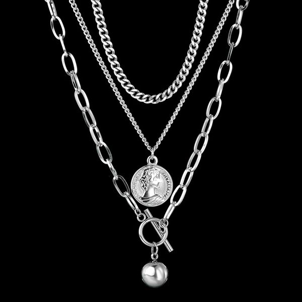 

round brand round bead hip-hop rock neutral necklace jewelry punk stainless steel silver color three-layer women's necklace gift