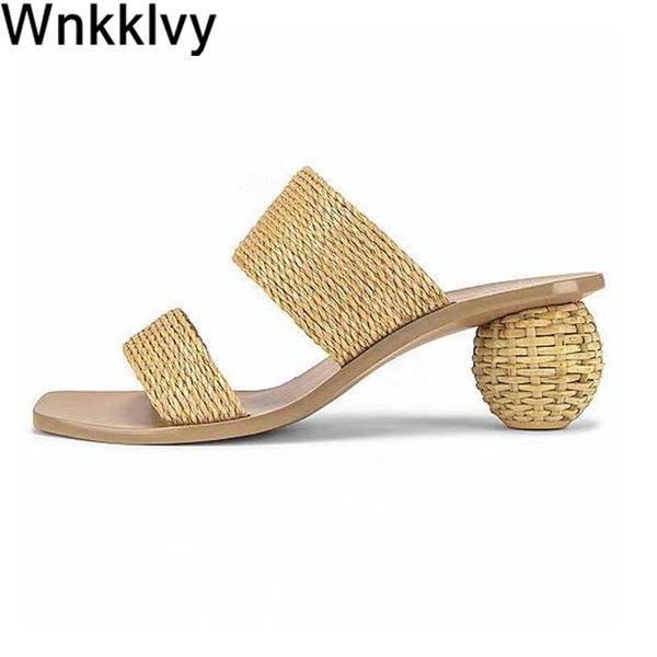 

2020 slippers handmade woven woman round ball high heels lazy mullers rope cane gladiatorsandals summer shoes ladies, Black