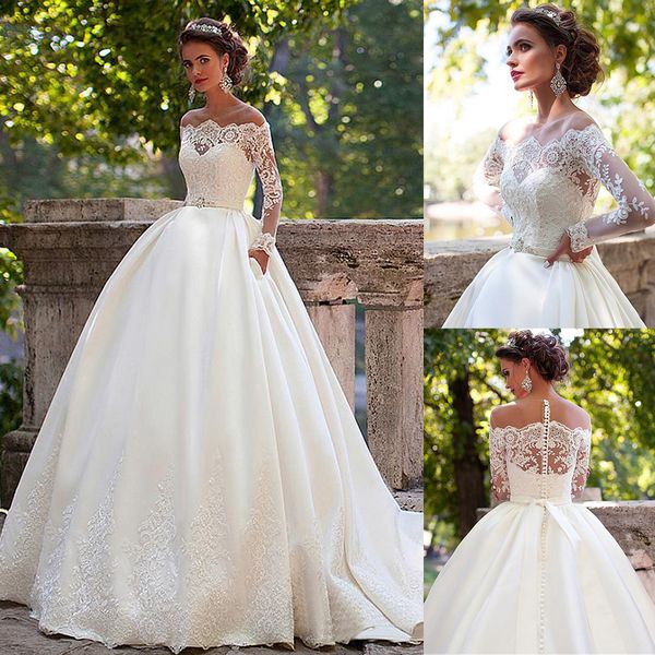 

Stunning Tulle Off the Shoulder Sheer Jewel Neckline Ball Gown Wedding Dresses with Belt Long Sleeves Bridal Gown vestido de fiesta