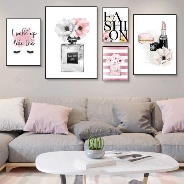 

make up canvas wall art perfume bottle posters and prints lipstick peony abstract painting fashion wall pictures for living room