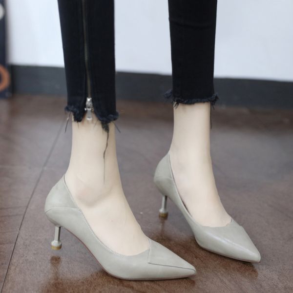 

comely2020 women's soft heels leather high shallow fashion candy colors pointed toe women pumps show thin female office shoes, Black